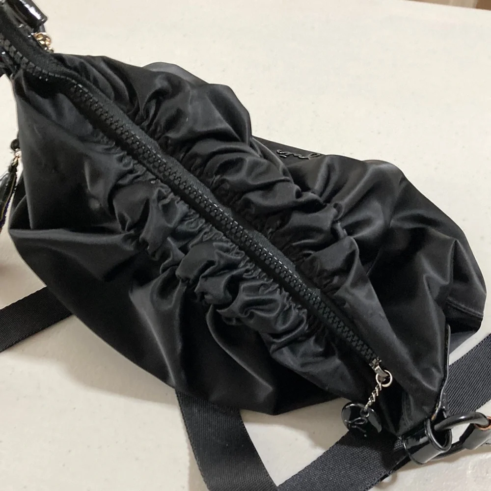 Agnes b. Black Purse, Heavy Satin, Zipper, Designer Bag Charms, Inner Pockets - Picture 9 of 16